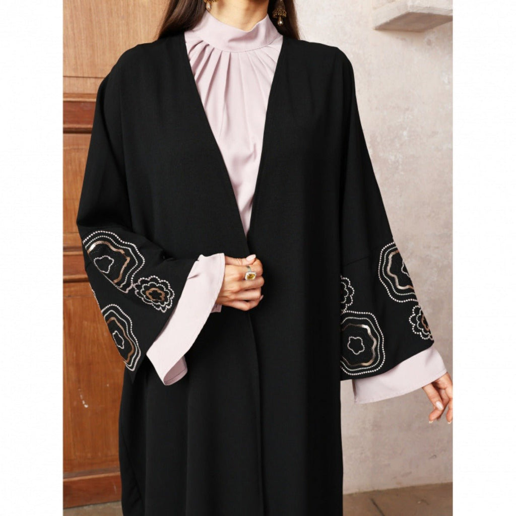 Modest Muslim Luxury Batwing Abaya Set | Black Embroidered Cardigan & Lavender Dress (MOA181)
