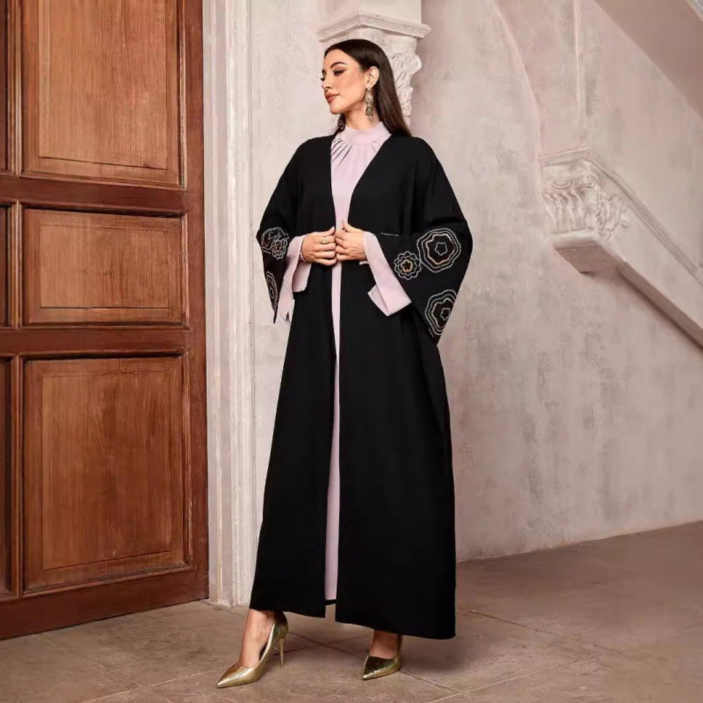 Modest Muslim Luxury Batwing Abaya Set | Black Embroidered Cardigan & Lavender Dress (MOA181)