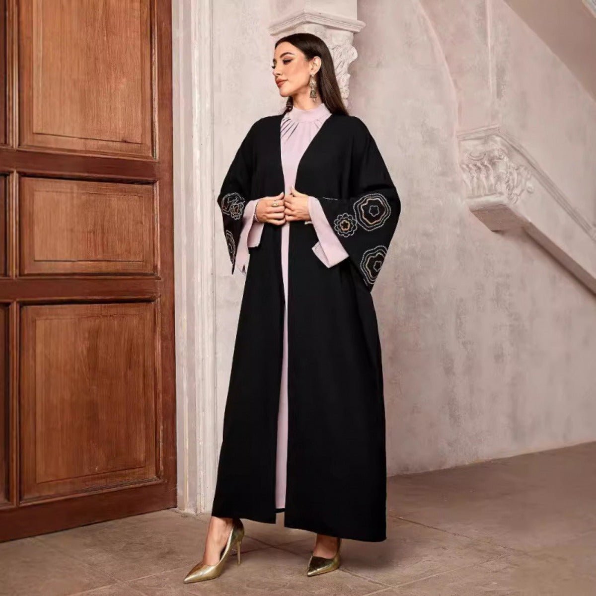Modest Muslim Luxury Batwing Abaya Set | Black Embroidered Cardigan & Lavender Dress (MOA181)