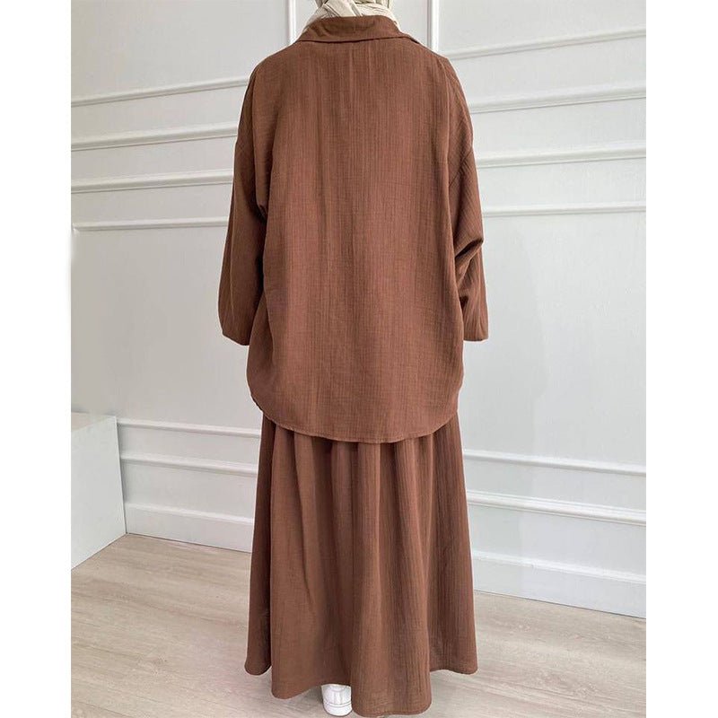 Modest Muslim Women's Bubble Sleeve Shirt Jacket & Skirt Layered Dress Set(MS078)