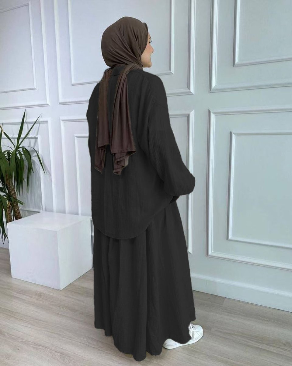 Modest Muslim Women's Bubble Sleeve Shirt Jacket & Skirt Layered Dress Set(MS078)