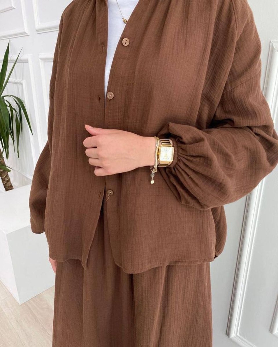 Modest Muslim Women's Bubble Sleeve Shirt Jacket & Skirt Layered Dress Set(MS078)