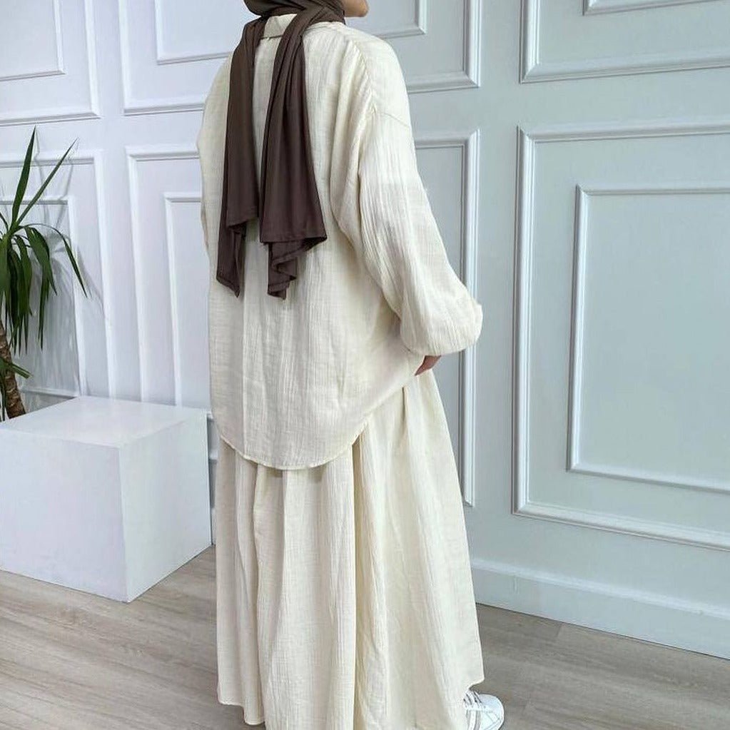 Modest Muslim Women's Bubble Sleeve Shirt Jacket & Skirt Layered Dress Set(MS078)