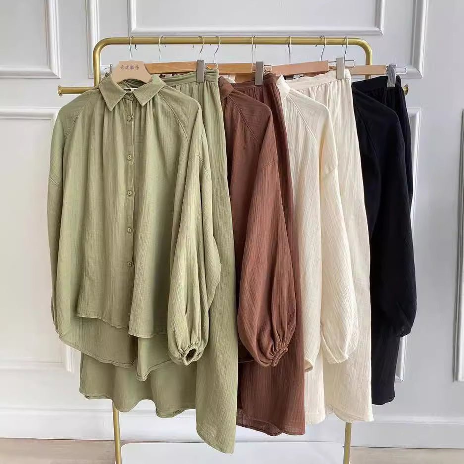 Modest Muslim Women's Bubble Sleeve Shirt Jacket & Skirt Layered Dress Set(MS078)