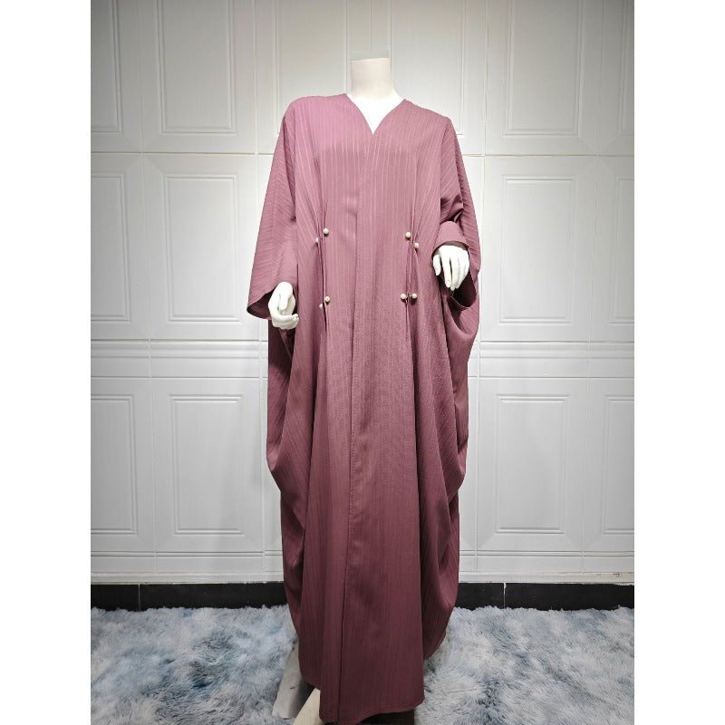 V-Neck Abaya Cardigan Robe | Bat Sleeve Kimono Cover-Up With Pearl Buttons (MOA226)