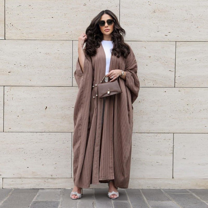 V-Neck Abaya Cardigan Robe | Bat Sleeve Kimono Cover-Up With Pearl Buttons (MOA226)