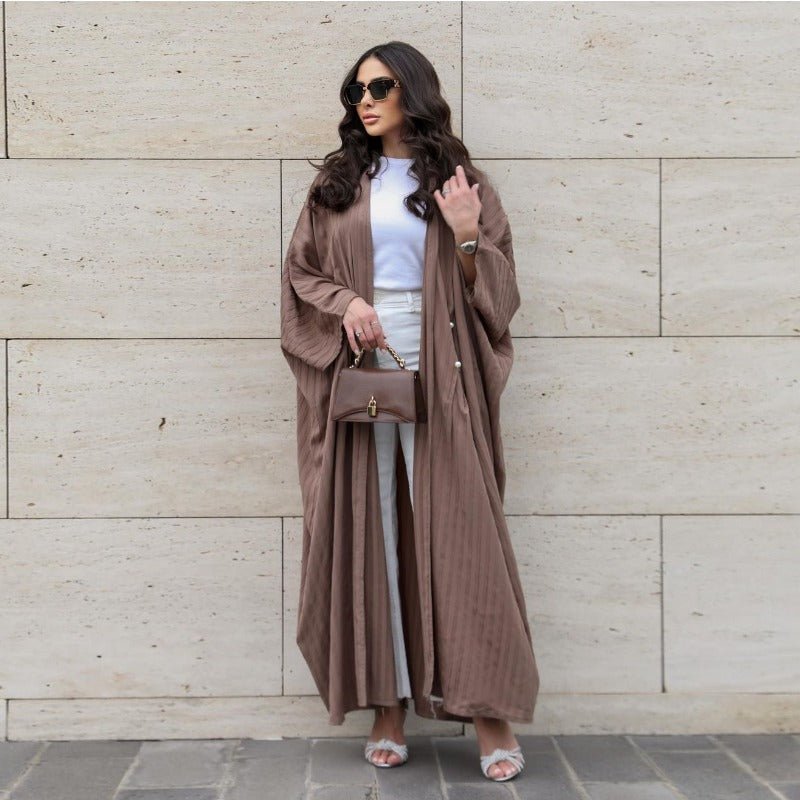 V-Neck Abaya Cardigan Robe | Bat Sleeve Kimono Cover-Up With Pearl Buttons (MOA226)