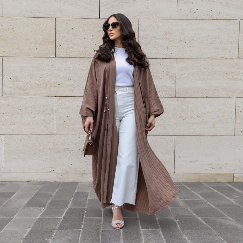V-Neck Abaya Cardigan Robe | Bat Sleeve Kimono Cover-Up With Pearl Buttons (MOA226)