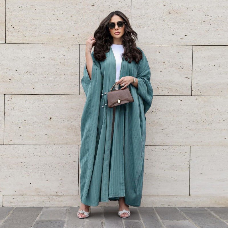 V-Neck Abaya Cardigan Robe | Bat Sleeve Kimono Cover-Up With Pearl Buttons (MOA226)