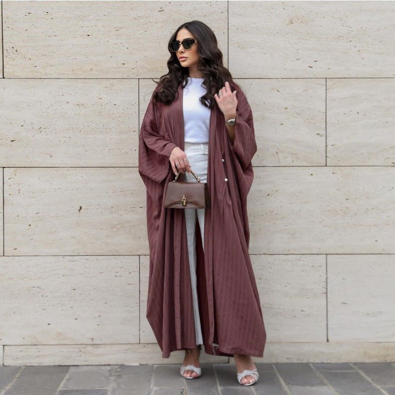 V-Neck Abaya Cardigan Robe | Bat Sleeve Kimono Cover-Up With Pearl Buttons (MOA226)