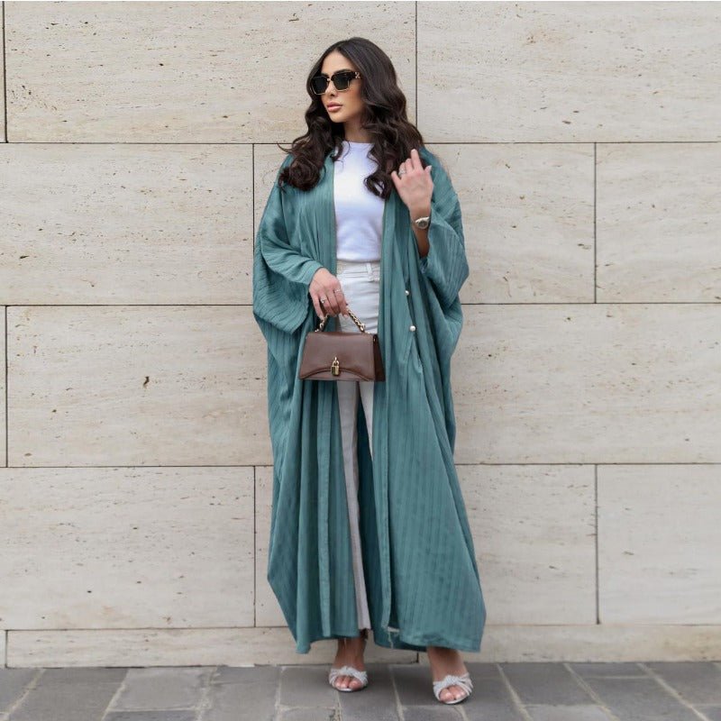 V-Neck Abaya Cardigan Robe | Bat Sleeve Kimono Cover-Up With Pearl Buttons (MOA226)