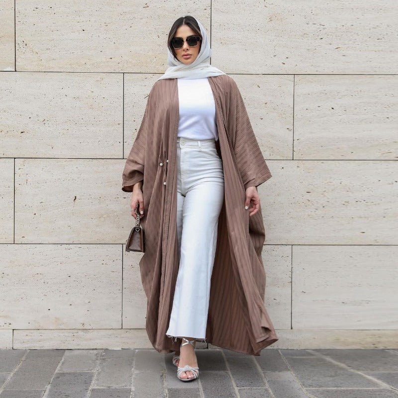 V-Neck Abaya Cardigan Robe | Bat Sleeve Kimono Cover-Up With Pearl Buttons (MOA226)