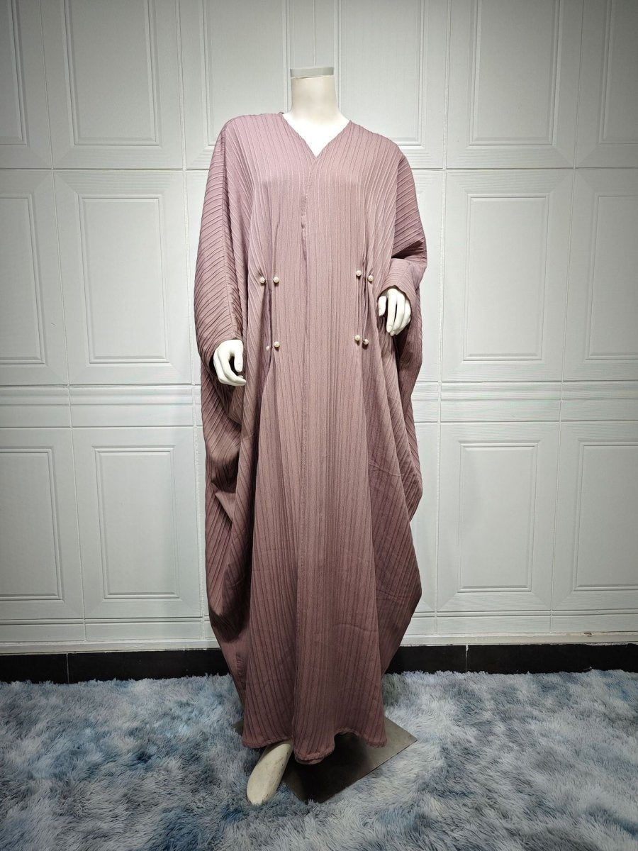 V-Neck Abaya Cardigan Robe | Bat Sleeve Kimono Cover-Up With Pearl Buttons (MOA226)