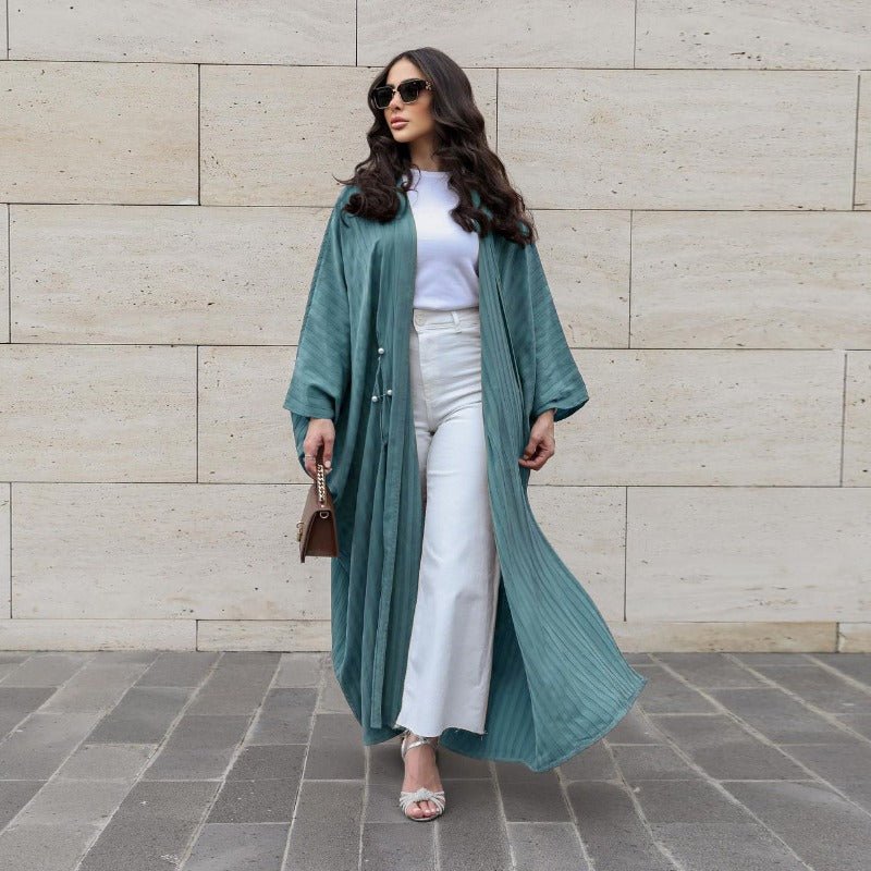 V-Neck Abaya Cardigan Robe | Bat Sleeve Kimono Cover-Up With Pearl Buttons (MOA226)