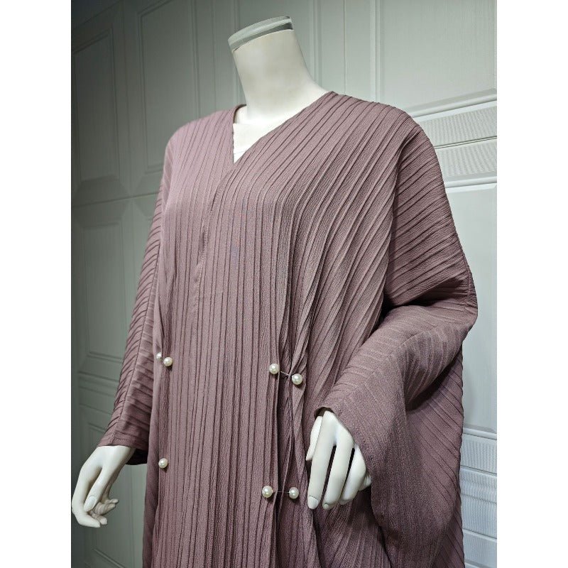 V-Neck Abaya Cardigan Robe | Bat Sleeve Kimono Cover-Up With Pearl Buttons (MOA226)