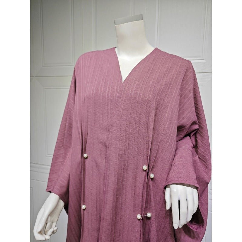 V-Neck Abaya Cardigan Robe | Bat Sleeve Kimono Cover-Up With Pearl Buttons (MOA226)