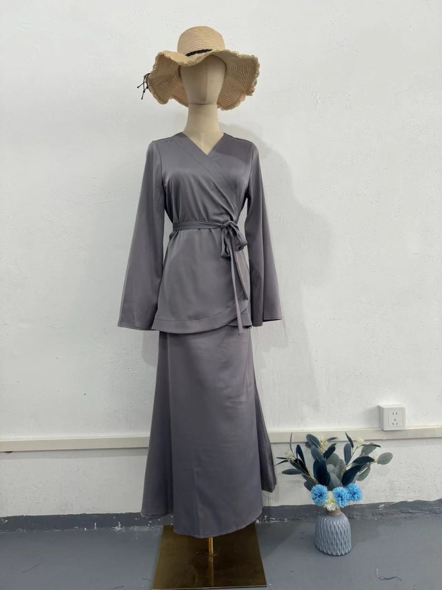 Modest Two-Piece Set Elegant Grey Satin Splicing Waist Abaya Dress Suit (MA206)