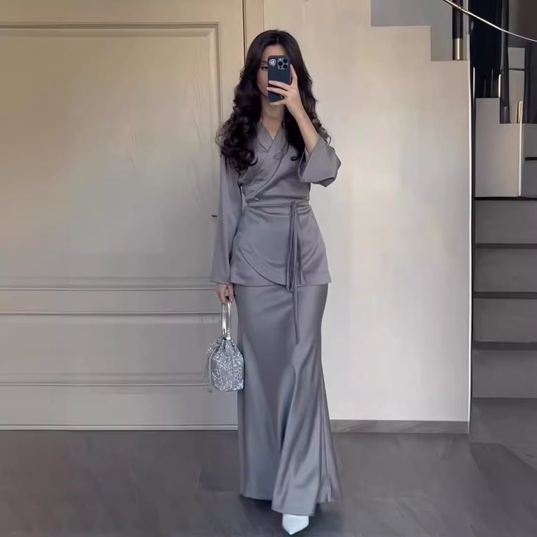 Modest Two-Piece Set Elegant Grey Satin Splicing Waist Abaya Dress Suit (MA206)