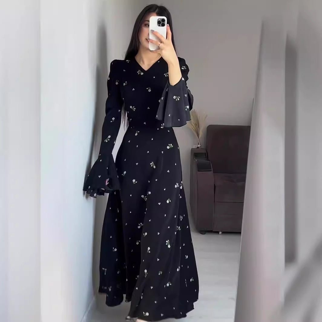 Modest V-Neck Boho Chiffon Black Floral Abaya Dress with Lotus Sleeve Flared Bell Sleeves(MA202)