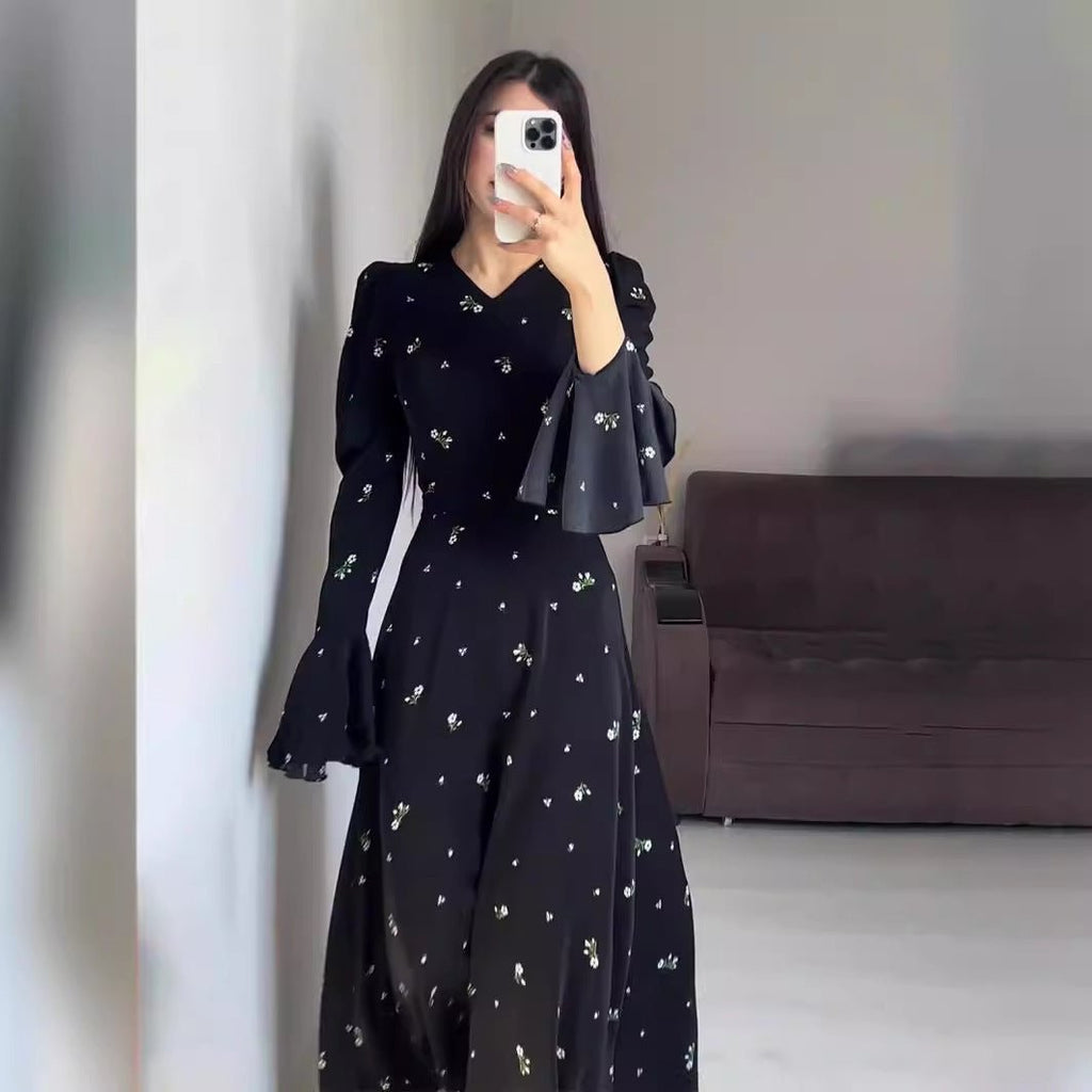 Modest V-Neck Boho Chiffon Black Floral Abaya Dress with Lotus Sleeve Flared Bell Sleeves(MA202)