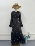 Modest V-Neck Boho Chiffon Black Floral Abaya Dress with Lotus Sleeve Flared Bell Sleeves(MA202)