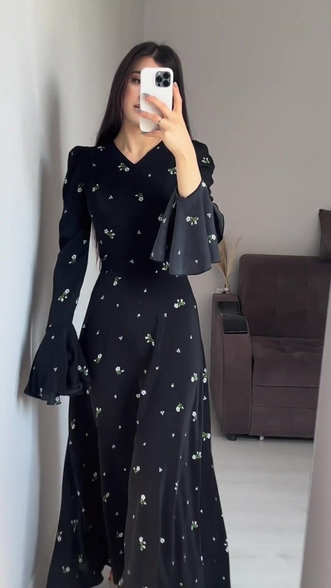 Modest V-Neck Boho Chiffon Black Floral Abaya Dress with Lotus Sleeve Flared Bell Sleeves(MA202)