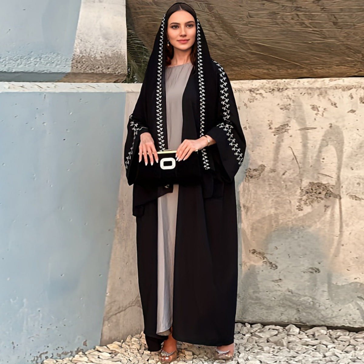 Moonlight Embroidered Abaya Set | Batwing Sleeve Robe with Matching Hijab (MOA183)