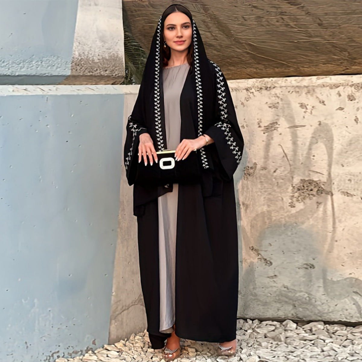Moonlight Embroidered Abaya Set | Batwing Sleeve Robe with Matching Hijab (MOA183)