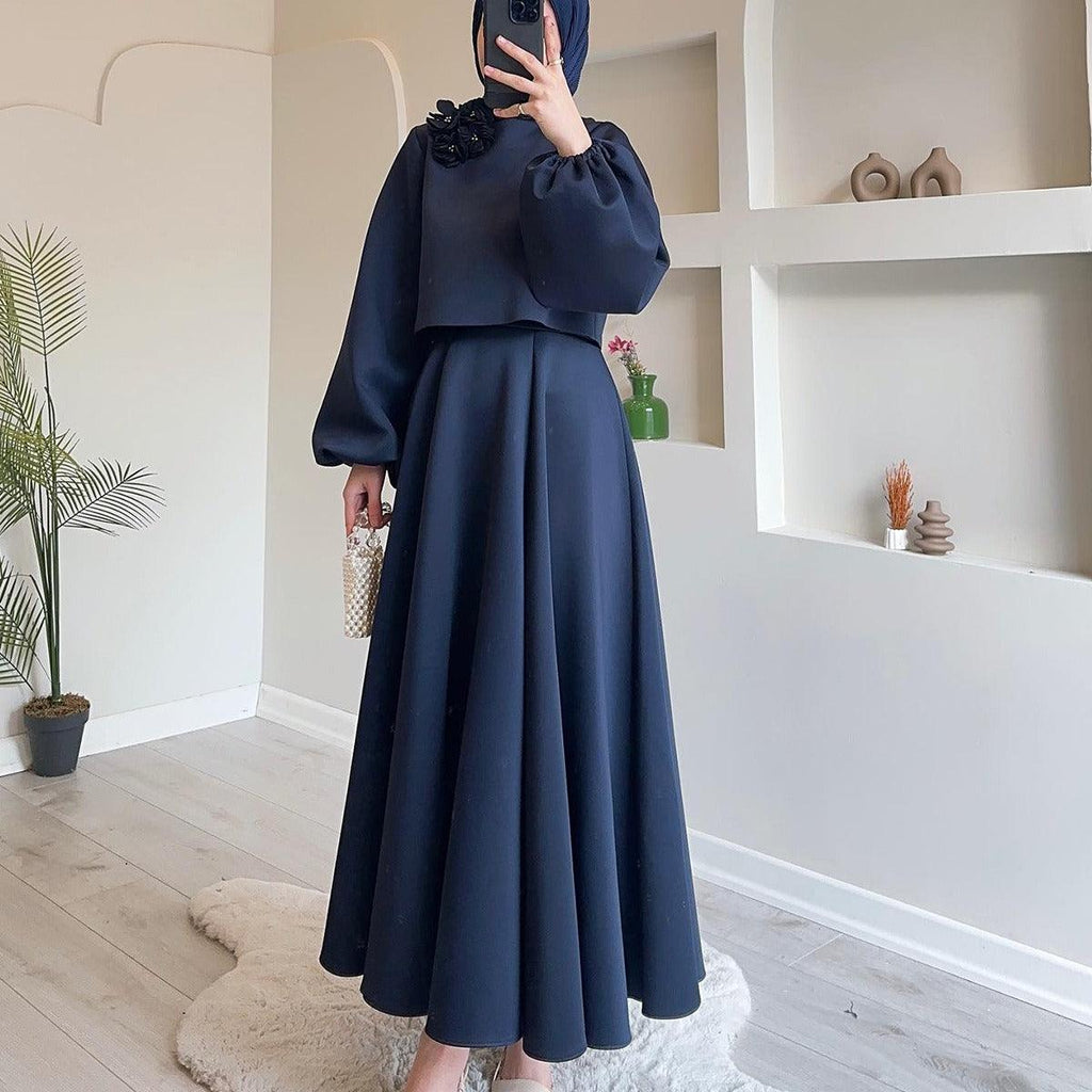 MS023 Floral Lantern Sleeve Loose Dress Women's Skirt Two-Piece Set
