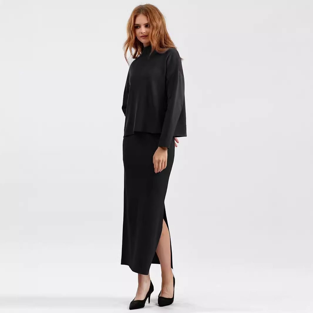 MS051 Loose And Stylish Round Neck Warm Casual Sweater Long Skirt 2-Piece Set