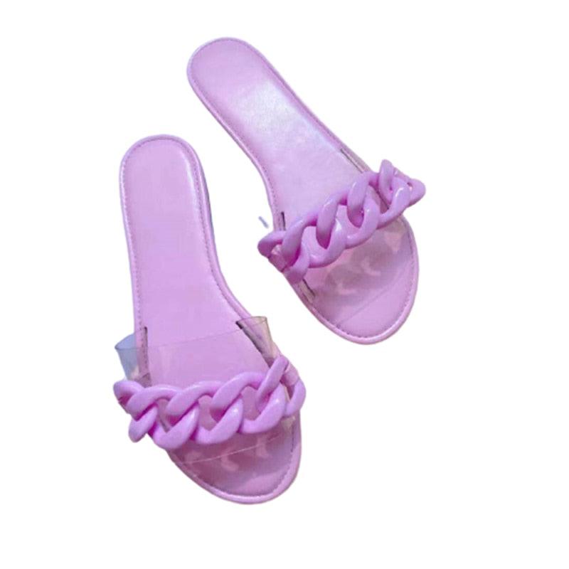 Multicolor Flat Slippers Women Shoes Elegant Summer New Woman Sandals Chain Sandal Flip Flops Casual Beach Dress Slides Sandals Beach Open Toe Flat Slippers Fashion Chain Clear Slide Flip Flops