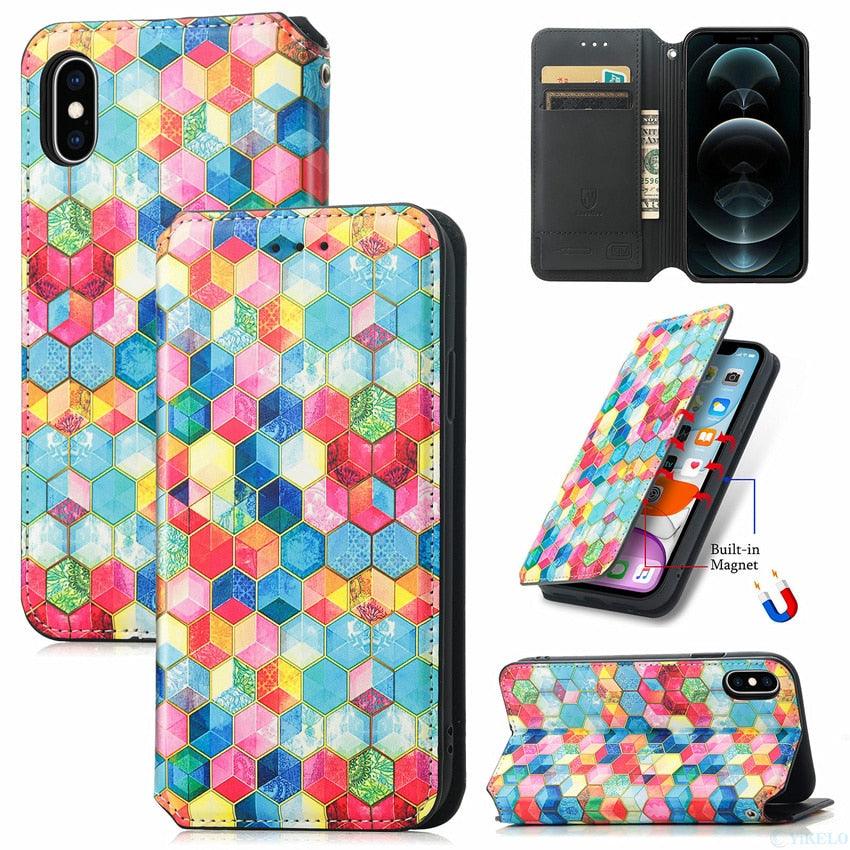 Multicolored Phone Case For iPhone 13 12 11 Pro Mini Cover Wallet Card Slot Flip Magnetic Leather PU Leather Flip Wallet Cover with Card Slots Case Cover