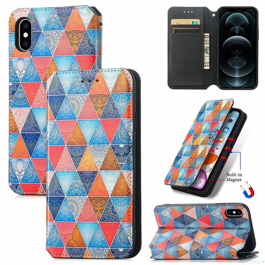 Multicolored Phone Case For iPhone 13 12 11 Pro Mini Cover Wallet Card Slot Flip Magnetic Leather PU Leather Flip Wallet Cover with Card Slots Case Cover
