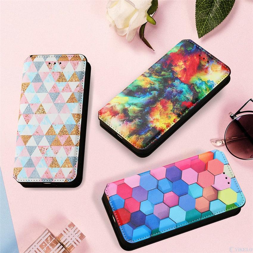 Multicolored Phone Case For iPhone 13 12 11 Pro Mini Cover Wallet Card Slot Flip Magnetic Leather PU Leather Flip Wallet Cover with Card Slots Case Cover