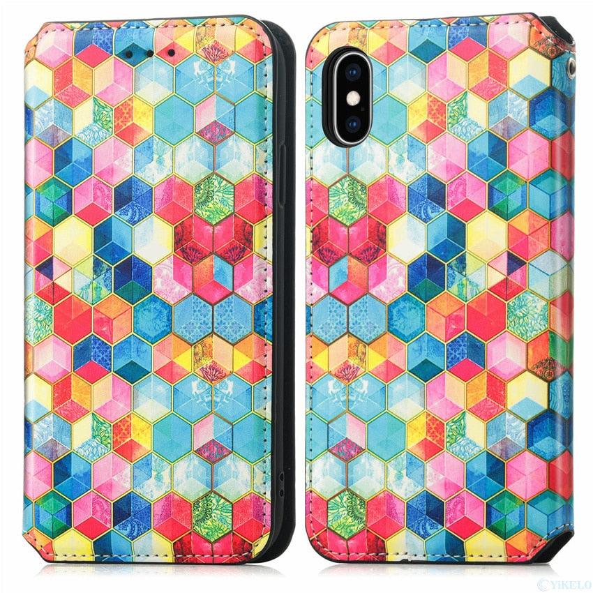 Multicolored Phone Case For iPhone 13 12 11 Pro Mini Cover Wallet Card Slot Flip Magnetic Leather PU Leather Flip Wallet Cover with Card Slots Case Cover