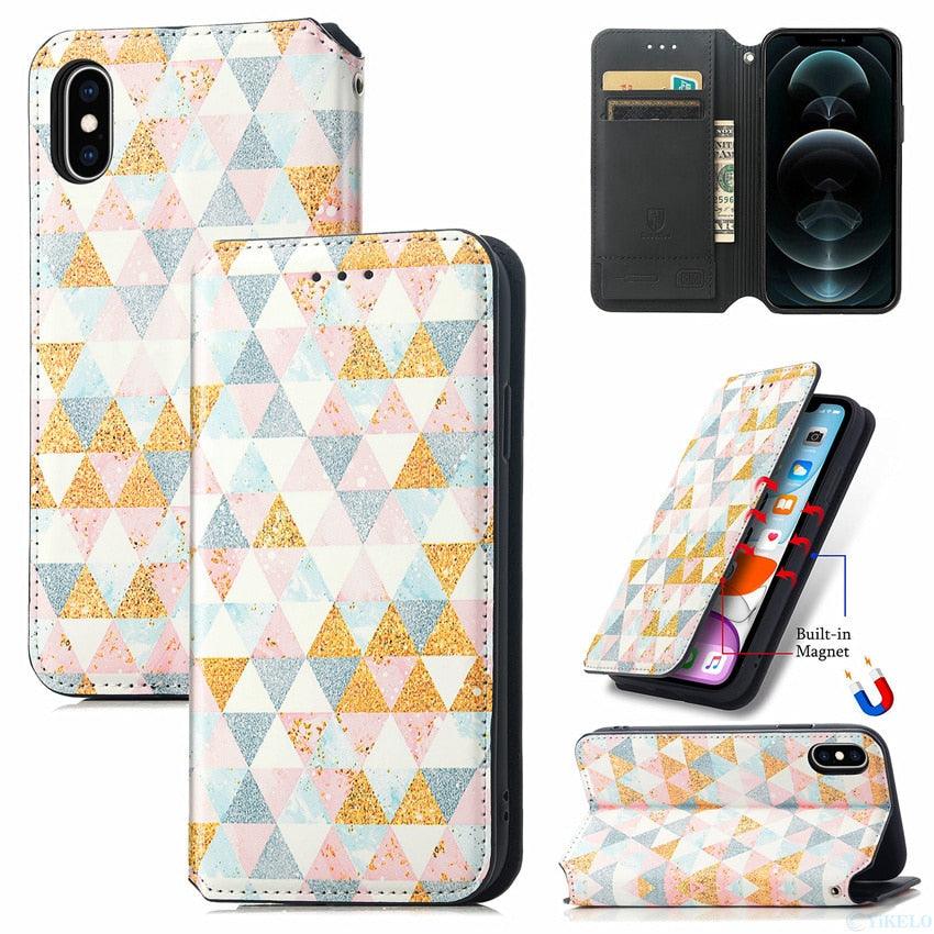 Multicolored Phone Case For iPhone 13 12 11 Pro Mini Cover Wallet Card Slot Flip Magnetic Leather PU Leather Flip Wallet Cover with Card Slots Case Cover