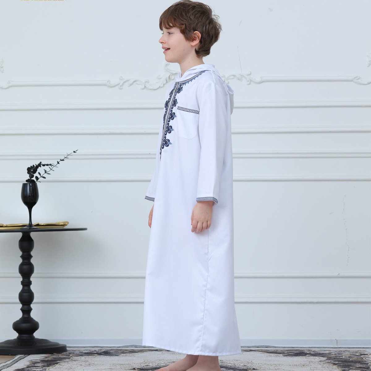 Muslim Boys Embroidered Hooded Thobe with Pockets (MKB014)
