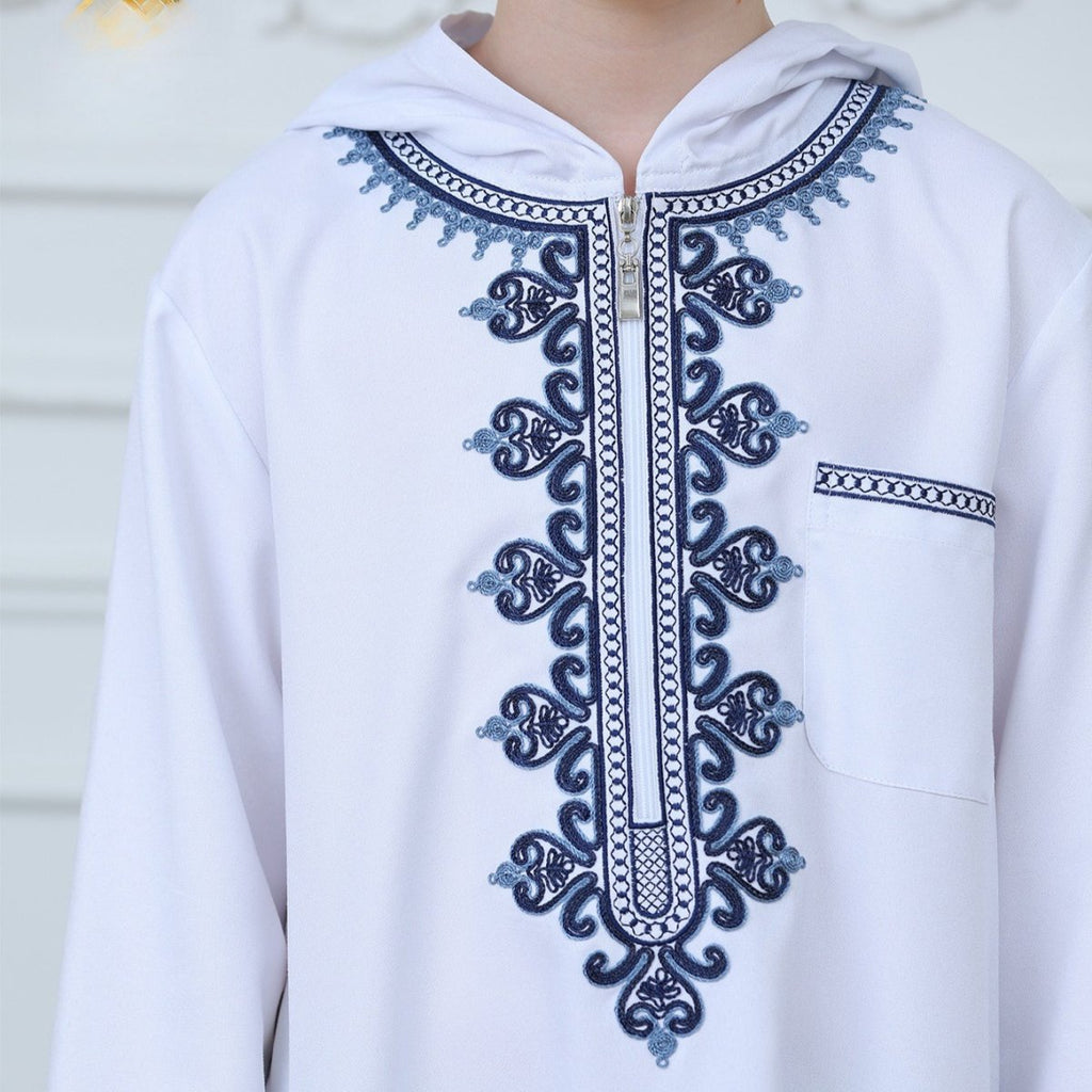 Muslim Boys Embroidered Hooded Thobe with Pockets (MKB014)