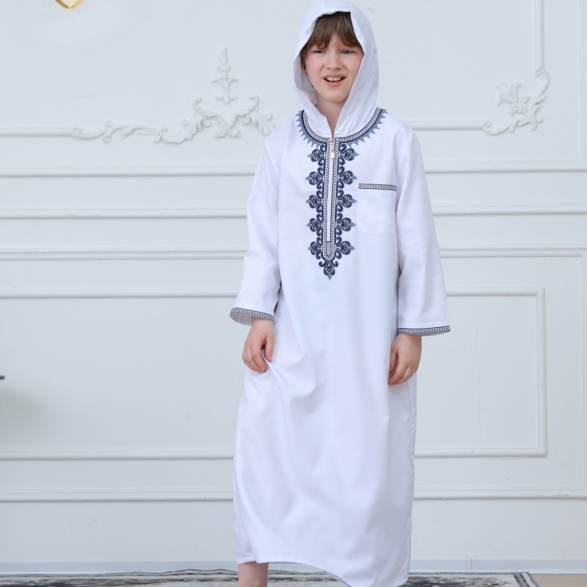 Muslim Boys Embroidered Hooded Thobe with Pockets (MKB014)