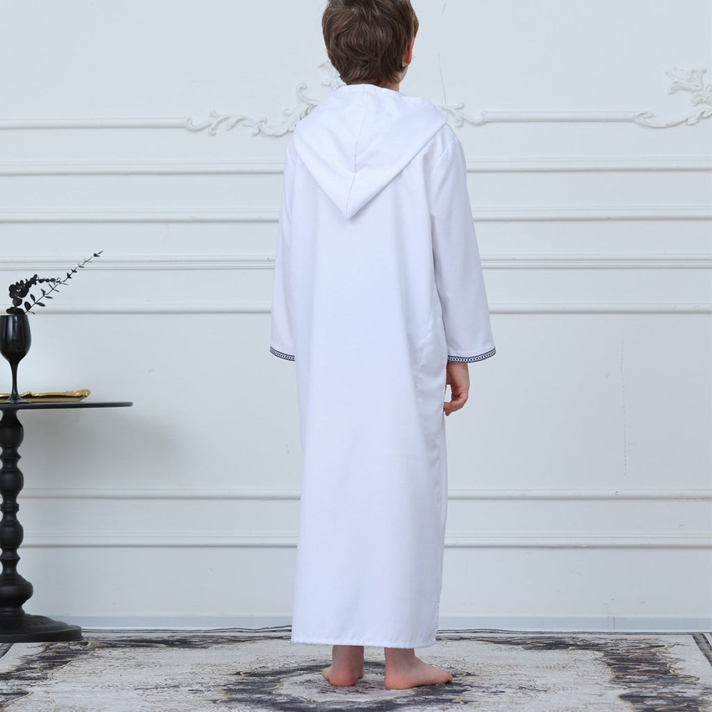 Muslim Boys Embroidered Hooded Thobe with Pockets (MKB014)