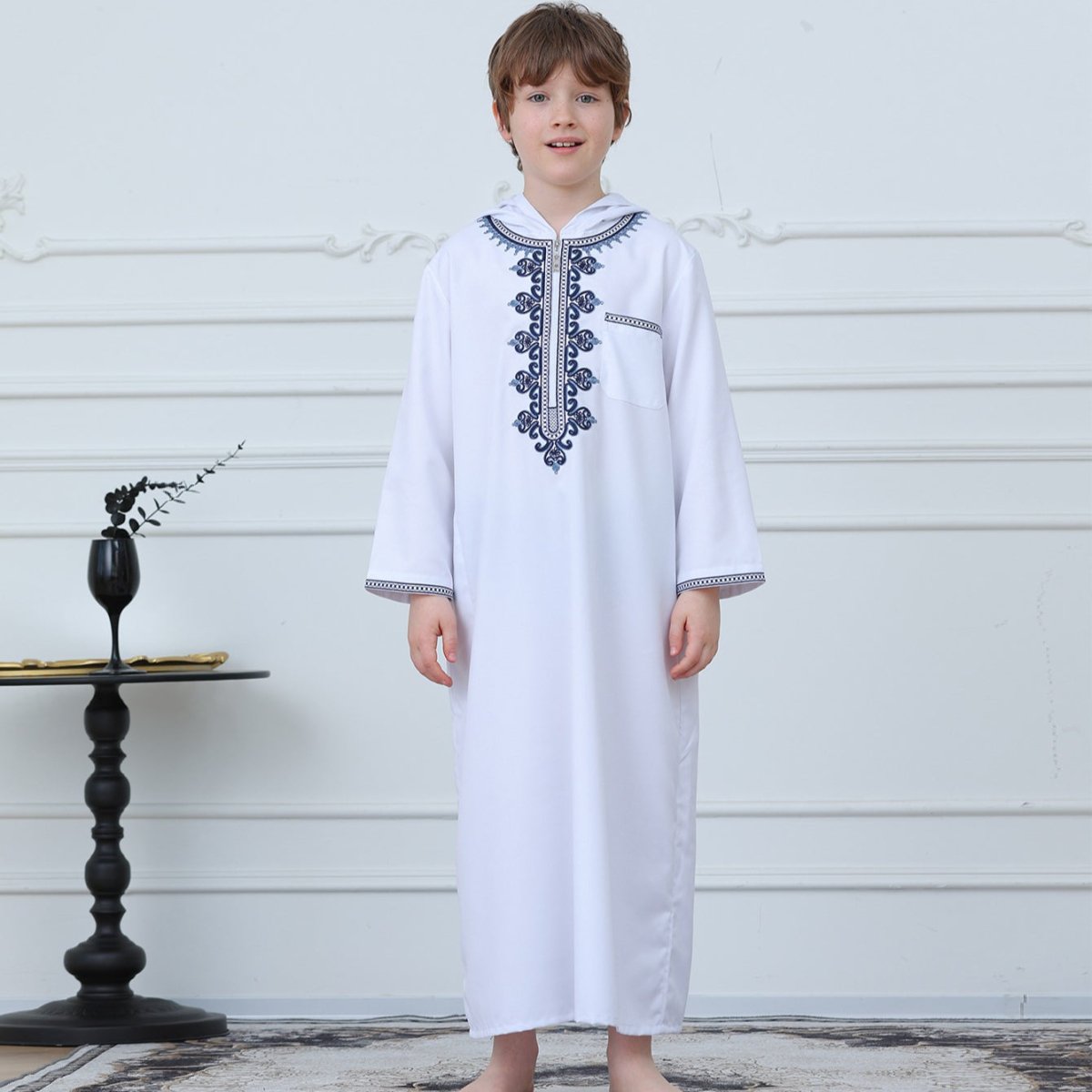 Muslim Boys Embroidered Hooded Thobe with Pockets (MKB014)