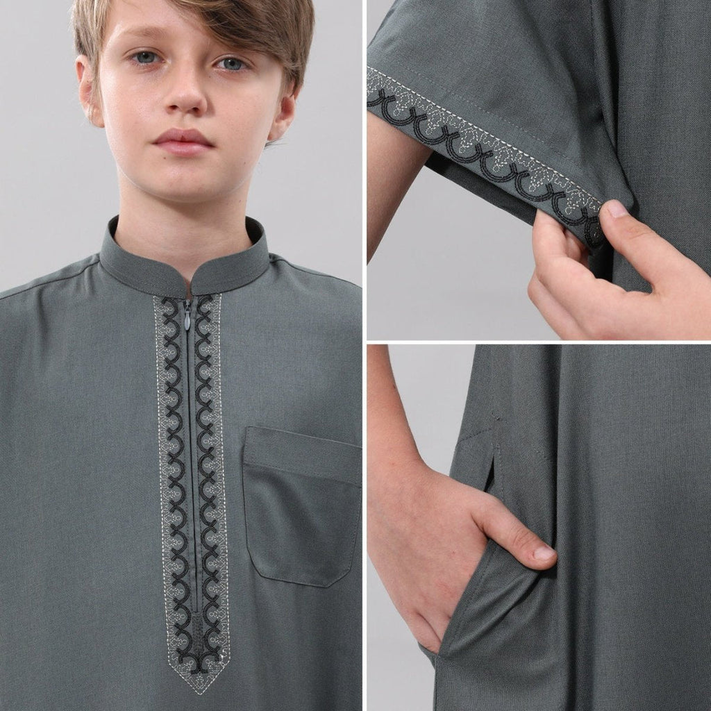 Muslim Boys Embroidered Thobe with Pockets (MKB013)