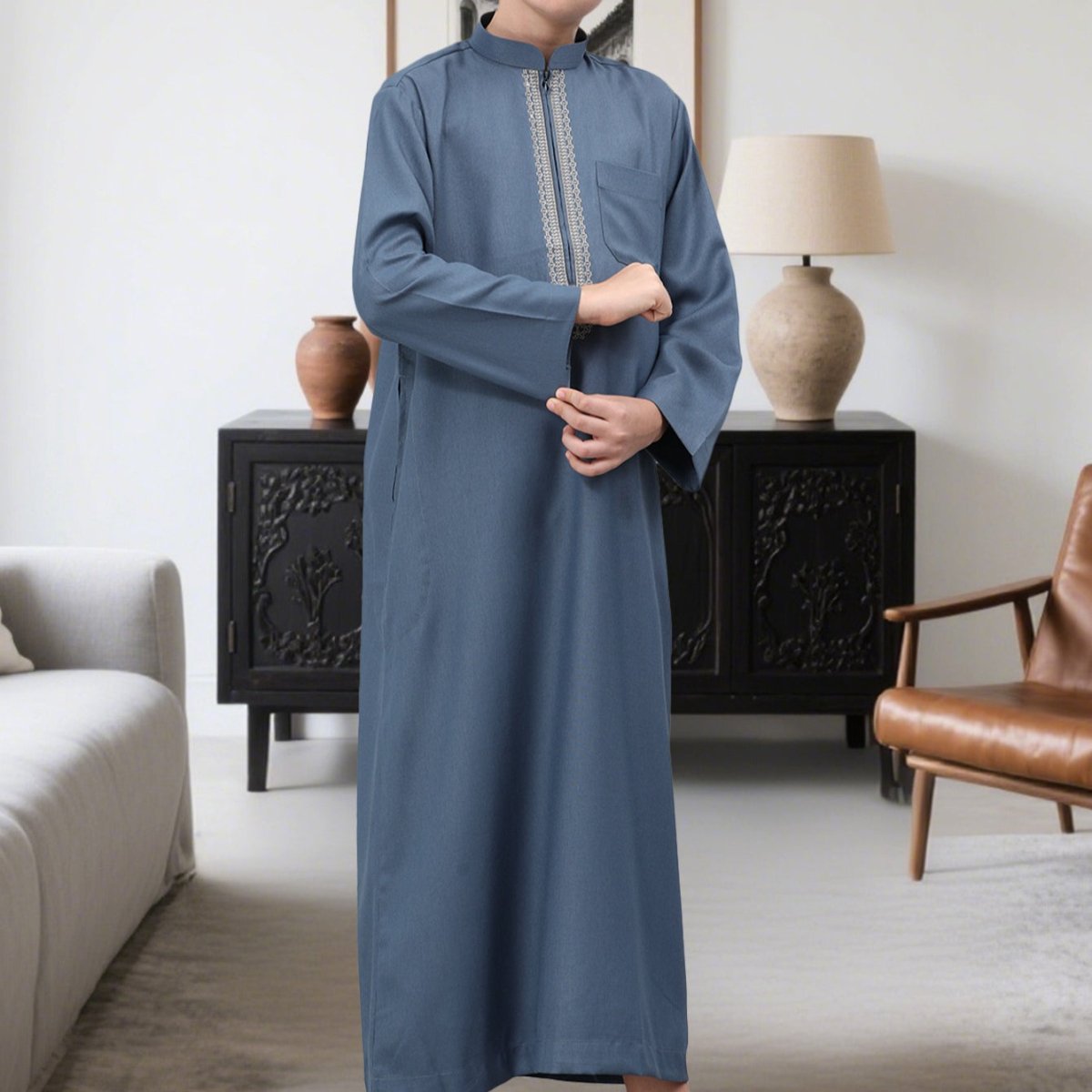 Muslim Boys Embroidered Thobe with Pockets (MKB013)