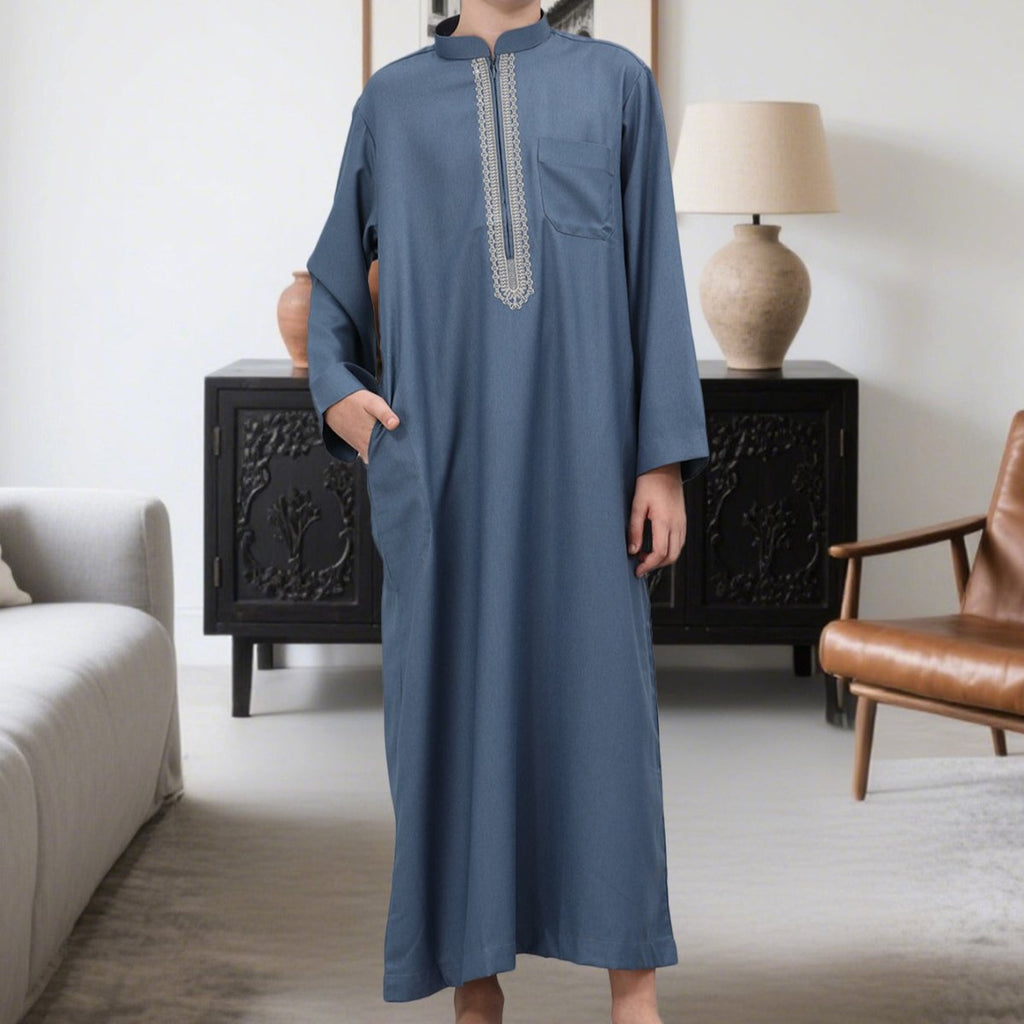 Muslim Boys Embroidered Thobe with Pockets (MKB013)
