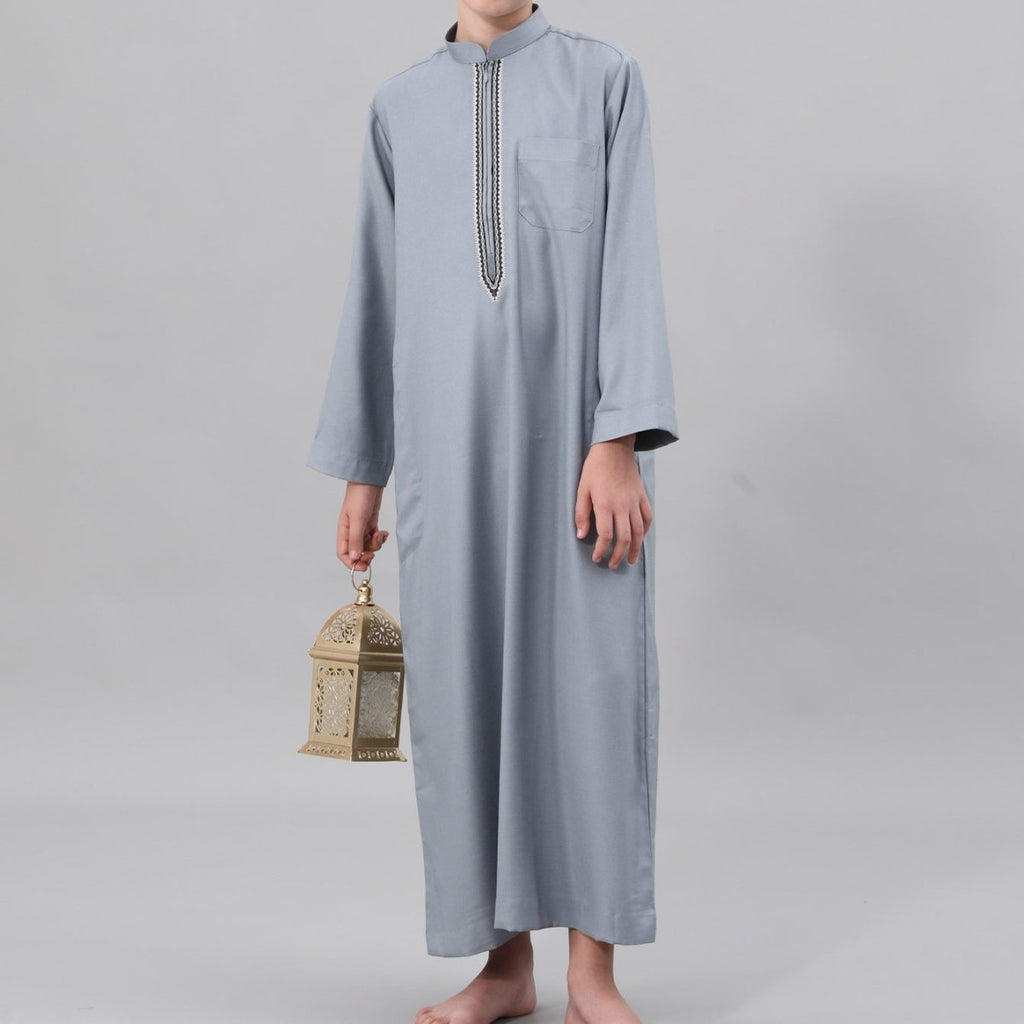 Muslim Boys Embroidered Thobe with Pockets (MKB013)