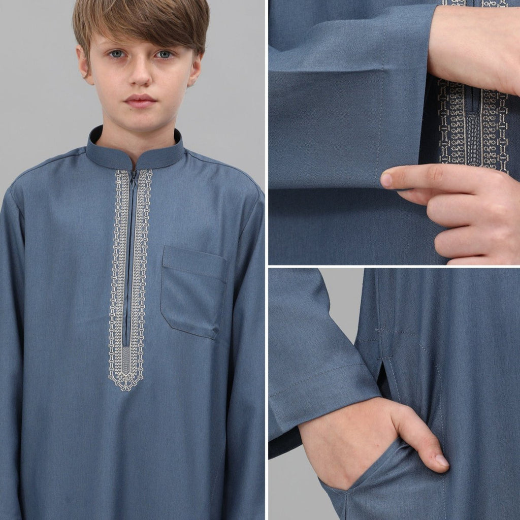 Muslim Boys Embroidered Thobe with Pockets (MKB013)