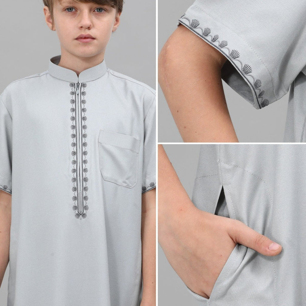 Muslim Boys Embroidered Thobe with Pockets (MKB013)