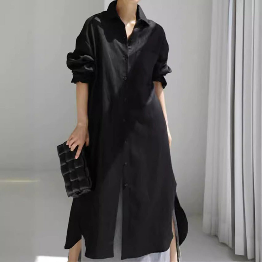 Muslim Casual Elegance Linen-Blend Shirt Dress | Modest Maxi with Button Front & Side Slits (MS096)