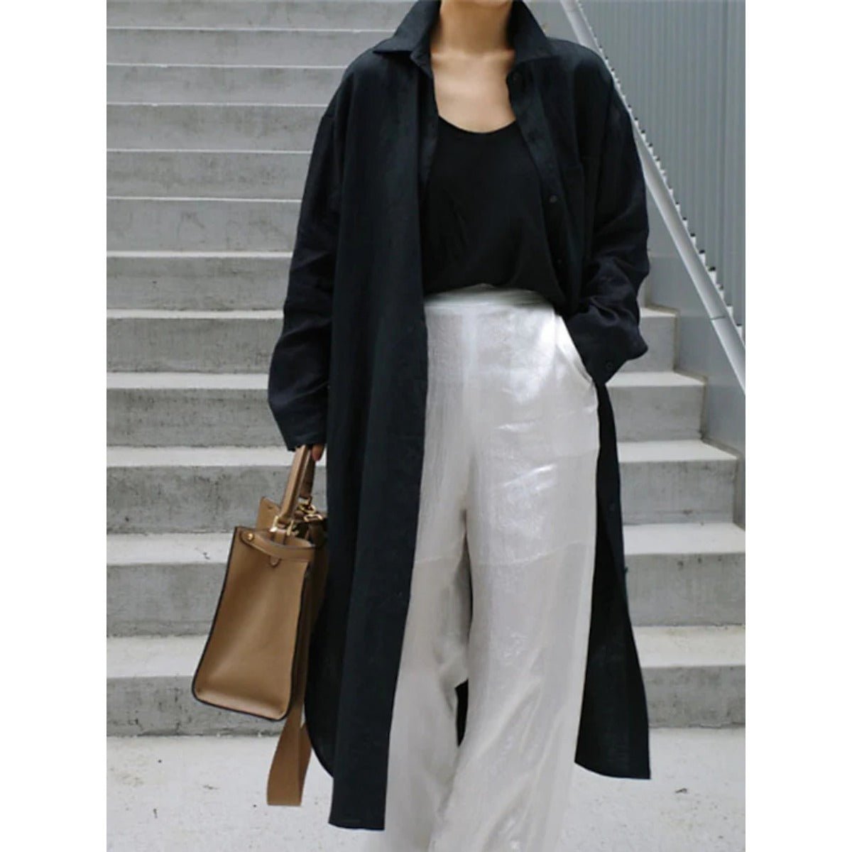 Muslim Casual Elegance Linen-Blend Shirt Dress | Modest Maxi with Button Front & Side Slits (MS096)