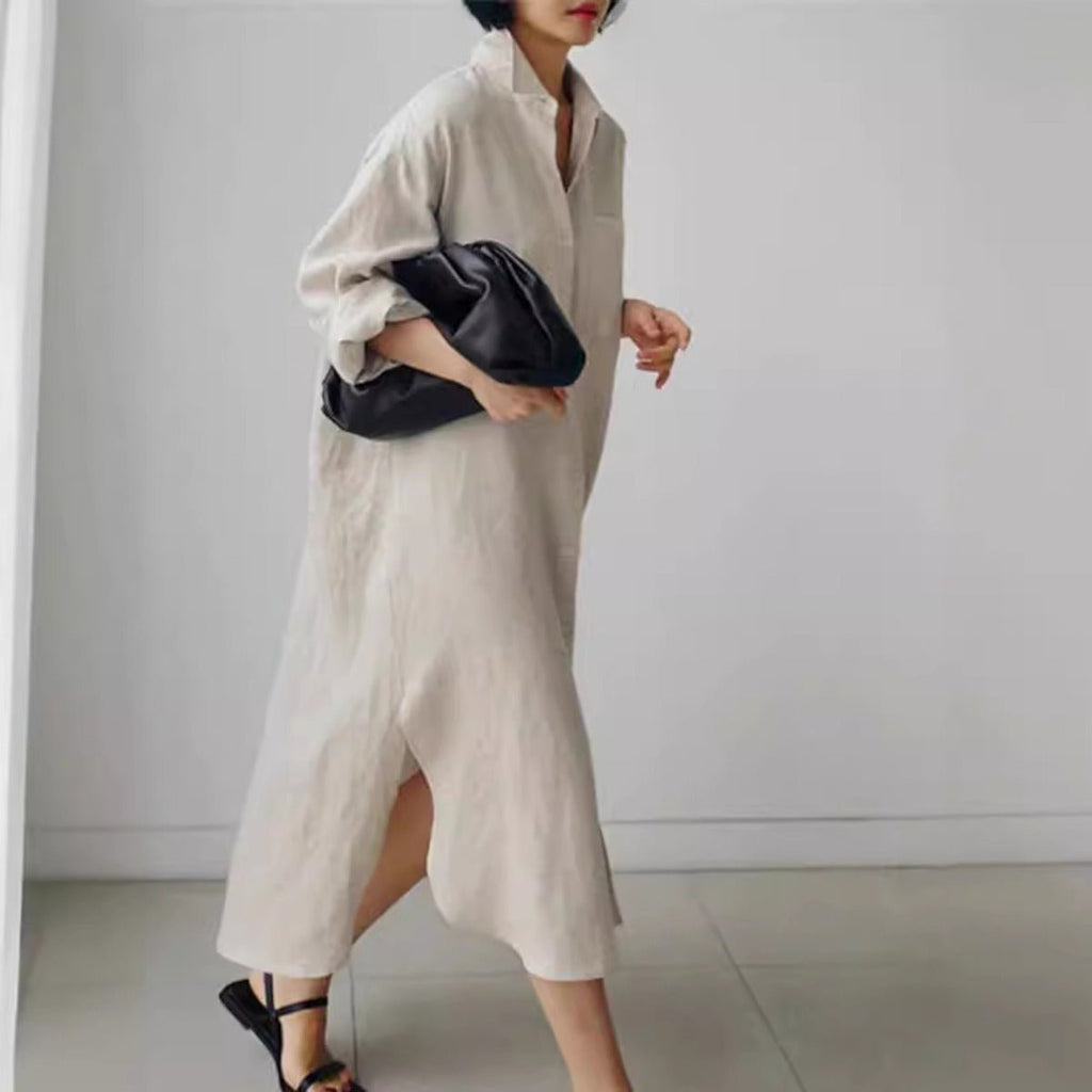 Muslim Casual Elegance Linen-Blend Shirt Dress | Modest Maxi with Button Front & Side Slits (MS096)
